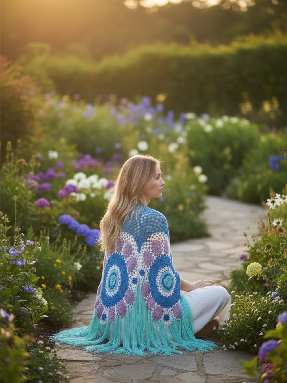 Crochet Boho Fringe Vest in Teal, Aquamarine & Lavender